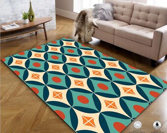 70s Retro Wavy Lines Area Rug: Mid-Century Modern Green & Orange