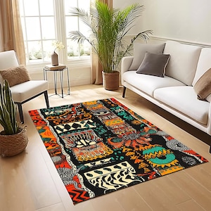 May include: A colourful area rug with a black background and geometric patterns in shades of orange, yellow, green, and blue. The rug features abstract shapes and designs, including stylised animal figures and geometric patterns.