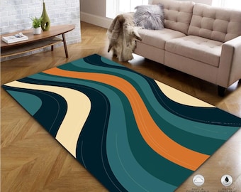 Mid-Century Modern Area Rug: 70s Retro Wavy Stripes
