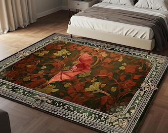 Könnte beinhalten: Ein grüner und goldener Teppich mit einem roten Fledermaus-Design. Der Teppich hat ein Blumenmuster und einen dekorativen Rand.
