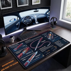 May include: A rectangular desk mat featuring a dark blue technical diagram of a Red Rising Razor weapon system. The print includes detailed illustrations of the blade, handle, and operational modes with white text labels and red accent lines.