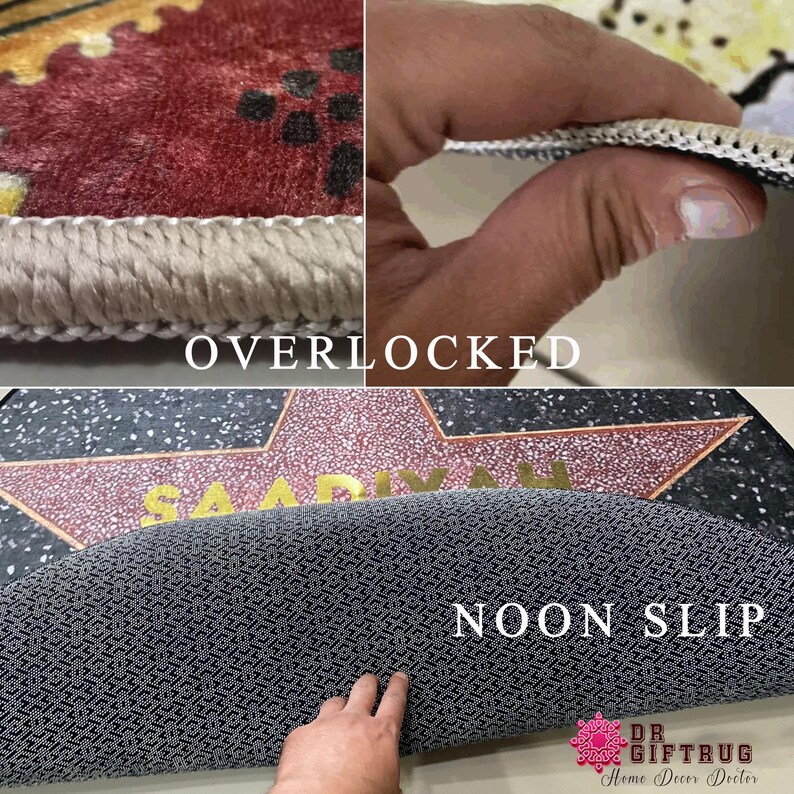 Peut inclure: Un tapis de sol rectangulaire pr&eacute;sentant un motif d'&eacute;toile rouge et or avec le nom SAADIYAH imprim&eacute; en lettres dor&eacute;es. Le tapis poss&egrave;de des bords surjet&eacute;s et un envers noir antid&eacute;rapant textur&eacute;, rappelant le style d'une &eacute;toile du Walk of Fame.