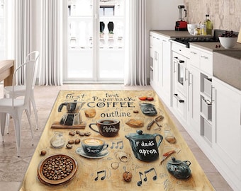 Coffee Themed Kitchen Runner Rug: Non-Slip Washable Carpet