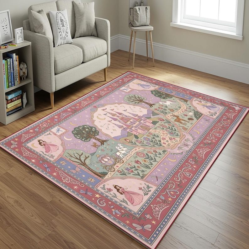 Peut inclure: Un tapis rectangulaire au fond violet clair orn&eacute; d'une illustration centrale repr&eacute;sentant un ch&acirc;teau rose, une cal&egrave;che, des arbres, des fleurs et des personnages en robe. La bordure est rose fonc&eacute; avec des motifs floraux et de couronnes.