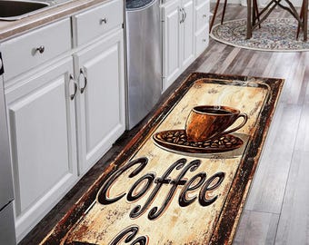 Alfombra de cocina con temática de café: Alfombra de pasillo antideslizante y lavable.