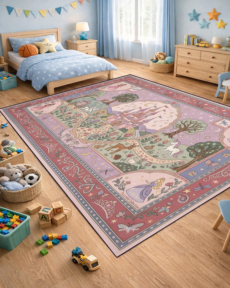 Peut inclure: Un tapis rectangulaire orn&eacute; d'une sc&egrave;ne de conte de f&eacute;es avec un ch&acirc;teau central, une licorne, un cerf et divers motifs floraux. Le design comprend des illustrations de princesses, de papillons et d'&eacute;toiles dans des tons de rose, violet et vert.