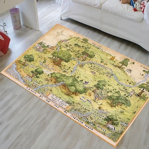 Tapete retangular com mapa de 100 acres do Ursinho Pooh, tapete retangular para brincar com crianças, tapete vintage, tapete de decoração para casa - tapete para quarto de criança - lavável à máquina