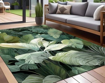 Groen vloerkleed met palmboom: tropische vloermat in jaren 70-stijl