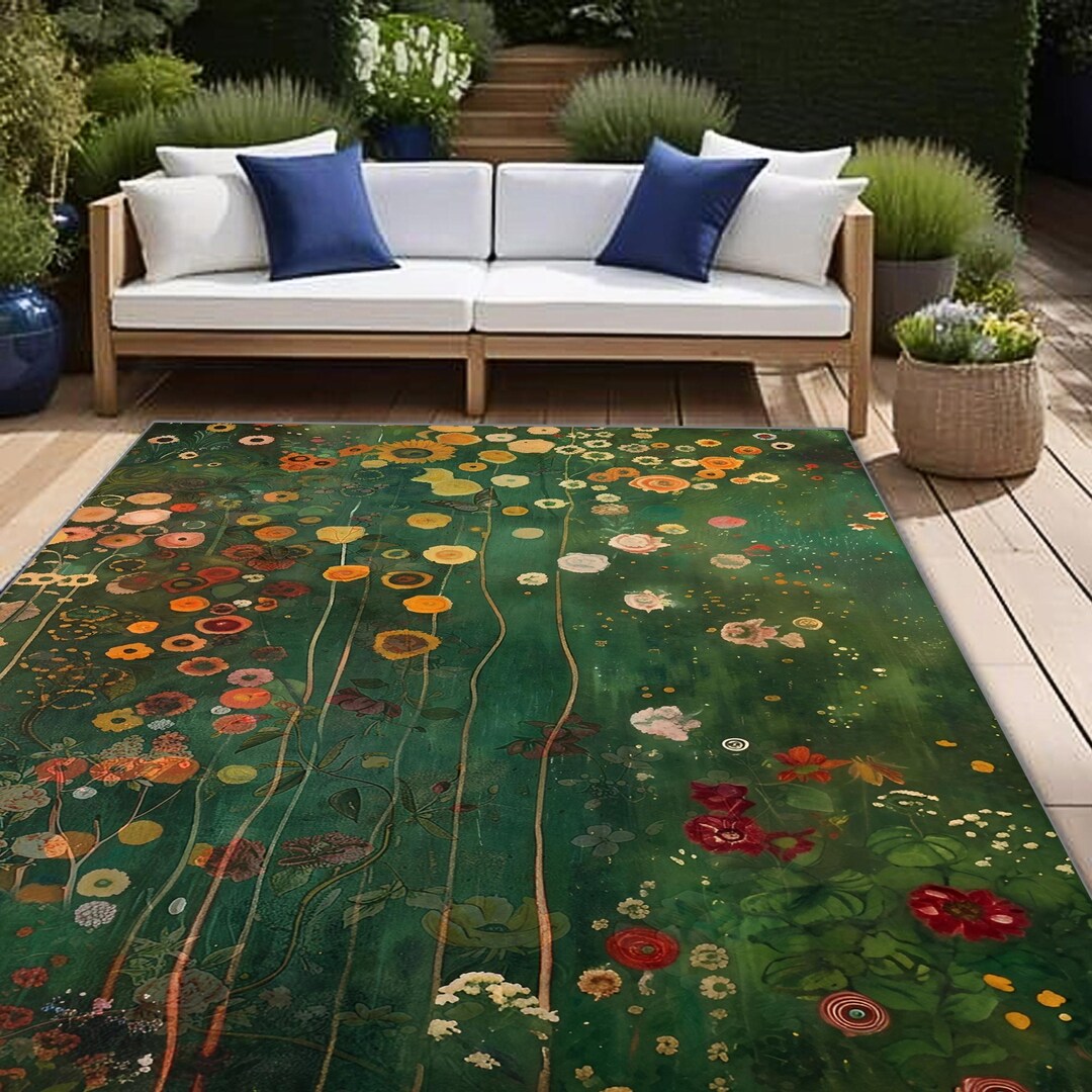 Green Floral Outdoor Rug, Modern Garden Patio Rug, Nature Inspired ...