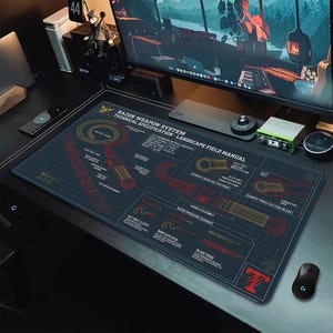 May include: A dark blue rectangular desk mat with a technical diagram design. The diagram features red and yellow illustrations of a weapon system, with text including "RAZOR WEAPON SYSTEM" and "LANDSCAPE FIELD MANUAL". A black computer mouse is visible.