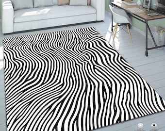70s Retro Wavy Lines Area Rug: Black and White, Machine Washable
