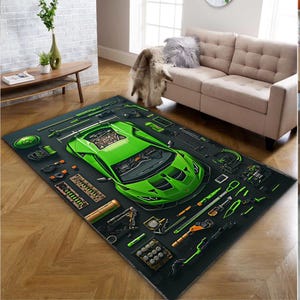 Lamborghini Car Parts Knolling Rug: Green & White Fantasy Play Mat