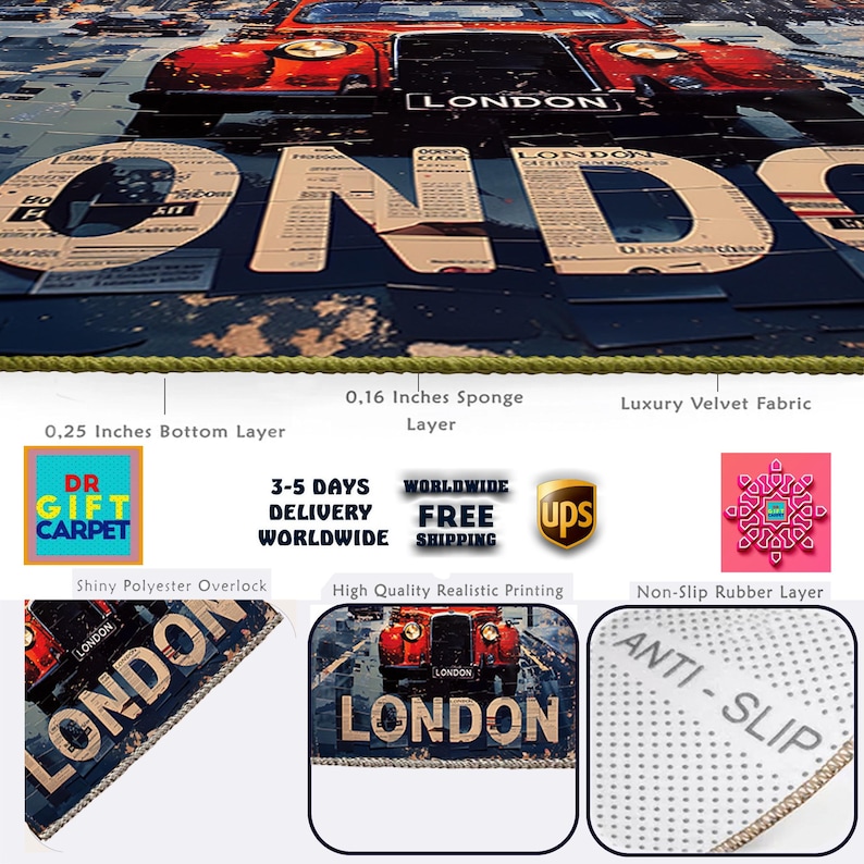 Peut inclure: Un tapis rectangulaire repr&eacute;sentant une voiture rouge et le mot LONDON en grandes lettres. Le tapis poss&egrave;de une couche &eacute;ponge de 0,4 cm, une couche inf&eacute;rieure de 0,6 cm et un dessus en velours. Le dessous est en caoutchouc antid&eacute;rapant.