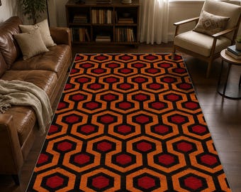 Tappeto da hotel The Shining Overlook, geometrico, arancione e rosso, stile retrò, per area cinema.