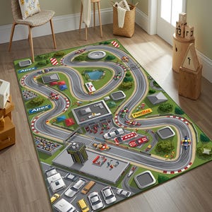 Könnte beinhalten: Ein rechteckiger Teppich mit einer detaillierten Draufsicht auf eine farbenfrohe Rennstrecke. Das Design umfasst graue Asphaltstraßen, grüne Grasflächen, einen zentralen Teich, verschiedene Rennwagen, Tribünen und Gebäude mit der Aufschrift Apex und FuelMax.