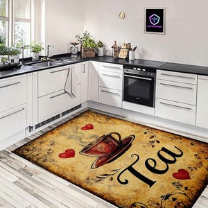 Tea Coffee Themed Kitchen Rug, Runner Non-Slip Washable Carpet, Kitchen Runner Carpet Mat, Gift for Her, Gift for Mom