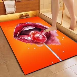 ポップアートマット、赤い舌の唇のパターンラグ、赤い唇のラグ、抽象的なマット、グラフィティラグ、プリントマット、キスパターンラグ、エリアラグ、女の子のラグ