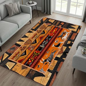 African Tribal Pattern Area Rug, Ethnic Safari Animals Carpet, Traditional Mask Design Rug