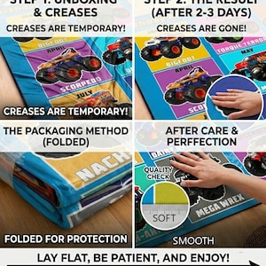 Peut inclure: Un graphique p&eacute;dagogique &agrave; plusieurs panneaux pour une couverture sur le th&egrave;me des monster trucks. Il illustre le d&eacute;ballage, l'&eacute;limination des plis temporaires, la m&eacute;thode de pliage et un contr&ocirc;le qualit&eacute; avec une r&egrave;gle.