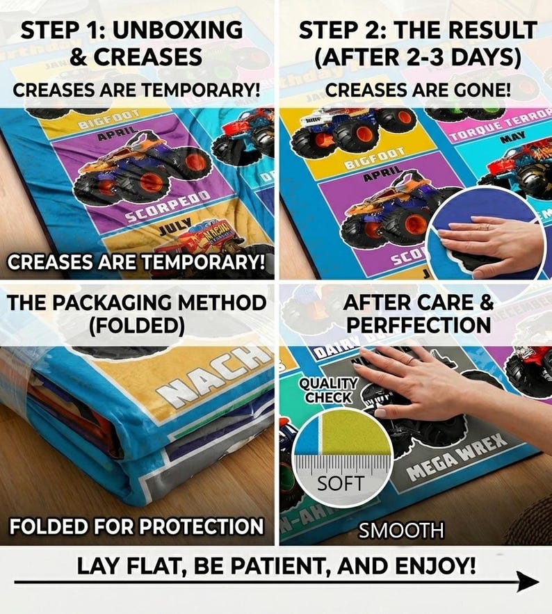 Peut inclure: Un graphique p&eacute;dagogique &agrave; plusieurs panneaux pour une couverture sur le th&egrave;me des monster trucks. Il illustre le d&eacute;ballage, l'&eacute;limination des plis temporaires, la m&eacute;thode de pliage et un contr&ocirc;le qualit&eacute; avec une r&egrave;gle.