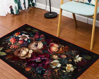 Gothic Floral Area Rug: Medieval Damask Non-Slip Carpet