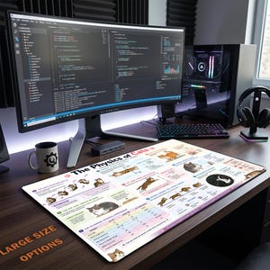 Puede incluir: Una alfombrilla de escritorio rectangular con una infografía detallada titulada The Physics of Cats, que muestra varios diagramas, ilustraciones de gatos y tablas de datos que explican el movimiento felino, la mecánica de aterrizaje y comparaciones físicas.