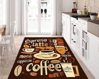 Coffee Themed Kitchen Runner Rug: Non-Slip Washable Carpet