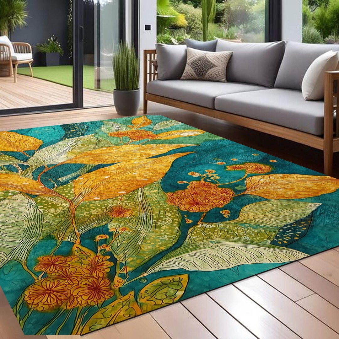 Retro Floral Area Rug: Turquoise, Orange Mid-century Modern - Etsy