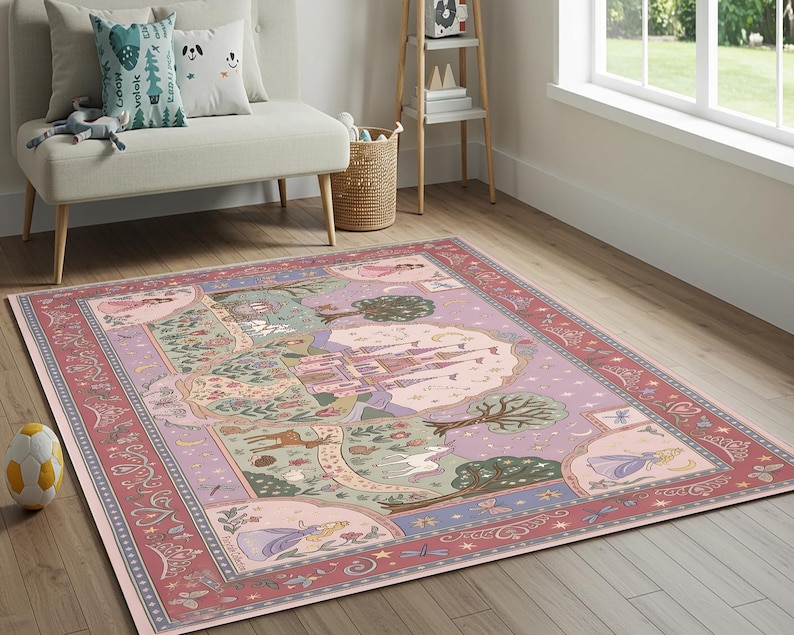Peut inclure: Un tapis rectangulaire orn&eacute; d'une sc&egrave;ne de conte de f&eacute;es avec un ch&acirc;teau rose central, entour&eacute; d'illustrations de licornes, de cerfs, d'arbres et de personnages en robe. La bordure est rouge fonc&eacute; avec des motifs floraux et de couronnes pastel.