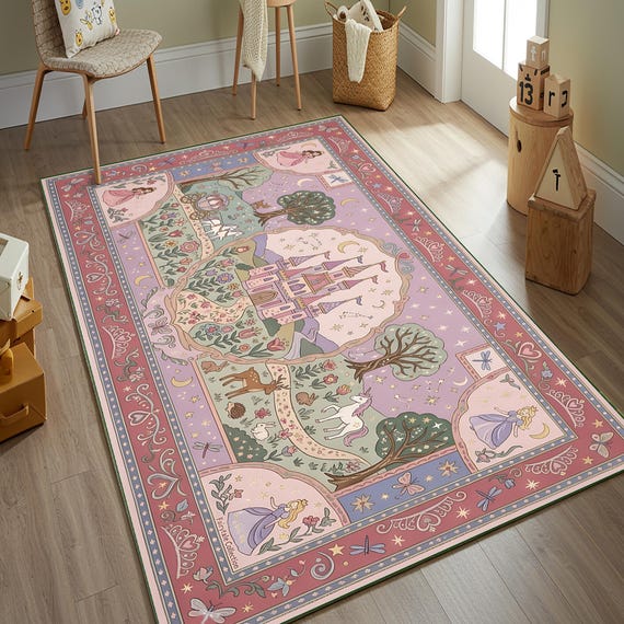 Fairytale Princess Castle Nursery Rug for Girls Bedroom Magical Kingdom Kids Playroom Decor