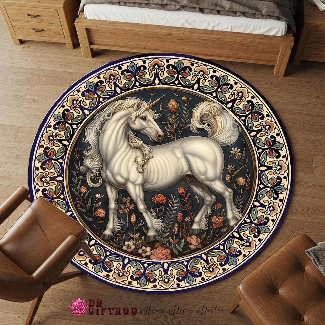 Unicorn Fairy Tale Rug, Round Gothic Living Room Rug. Mid-century Lover ...