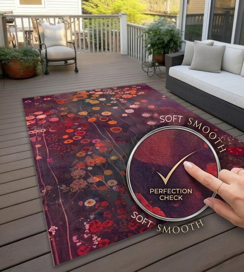 Peut inclure: Un tapis rectangulaire au fond violet fonc&eacute; orn&eacute; d'un motif floral vibrant dans des tons de rouge, orange et jaune. Un encart circulaire montre une texture en gros plan avec le texte PERFECTION CHECK et SOFT SMOOTH.