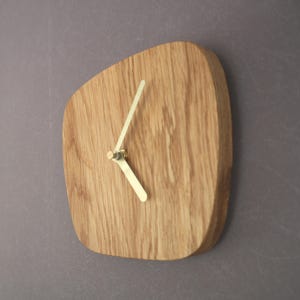 Minimalist clock from the "Retro" collection in solid oak with silent mechanism, small modern wall clock, brass hands