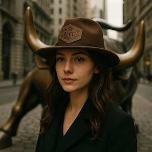 May include: A woman wearing a brown fedora with a leather patch that says "NYC AP" in front of a bronze bull statue. She is wearing a black coat and has long brown hair.