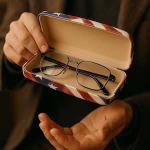 May include: A black rectangular eyeglasses case with a red, white, and blue American flag design. The case is open and a pair of black framed eyeglasses are inside.