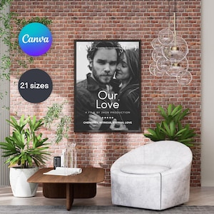Modelo de pôster de filme personalizado para Canva, pôster personalizado, dia dos namorados, presente de casal, presente de aniversário, download digital