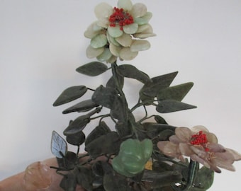 Antique Jadeite  Tree Sculpture  Vase Full of Flowers   9-3/8&quot; Tall