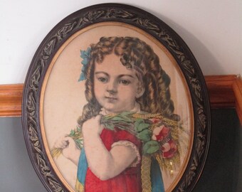 Victorian Oval Framed 1800's Lithograph Beautiful Colorful Little Girl with Flowers