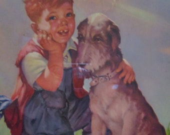 50's Embossed Lithograph Boys Best Friend Going Fishing Framed