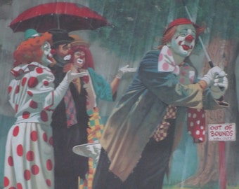 Chuck Oberstein“Out of Bounds" Clowns Golfing in the Rain Fine Art Print Framed.