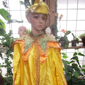 May include: A yellow costume with gold and orange trim. The costume has a pointed collar and long sleeves. The person wearing the costume is also wearing a yellow hat with gold trim.