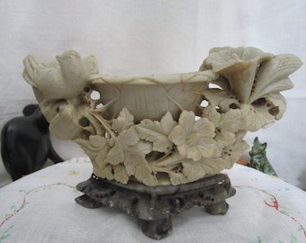 Vintage Chinese Hand Carved Soapstone Floral Display Piece