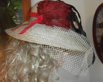 Womens Hat Large Brim Hat with Netting~Feathers~ Red & Tan Ribbon Women's Vintage Hat