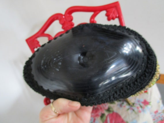 Vintage Hand Crocheted Draw String Bag Black and … - image 9