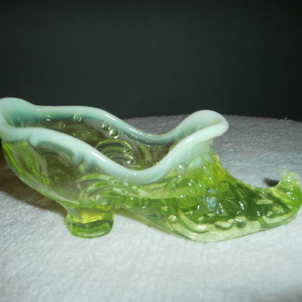 Mossser Slipper Vase Green Glass Flower Swirl  Shoe  Canary yellow Slipper Boot