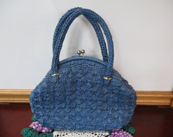 Vintage  50&#39;s ATOMIC  Blue  Weaved Rattan Wicker  Handbag Top Handle Snap Tight Purse Clean