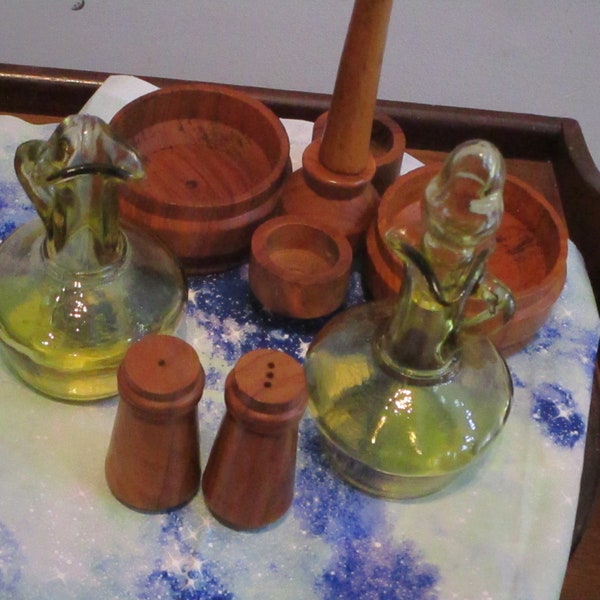 Vintage Cruet Set with Wood Caddy Amber Glass Oil and  Vinegar with  Salt & Pepper Shakers