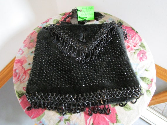 Antique Jet Black Mohair Handmade Beaded Handbag.… - image 5