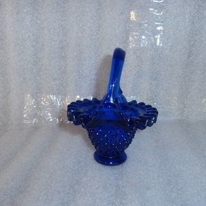 Cobalt Blue Hobnail Glass Basket Ruffled Lip Blue Glass Hobnail Glass Handle Basket image 5