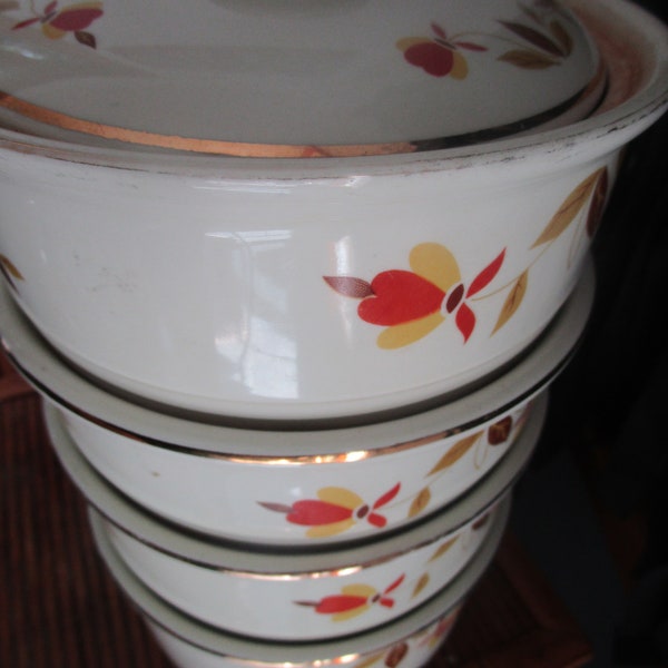 HALL Jewel Tea Autumn Leaf Pattern Four Stacking Bowls with Lid Called The Stackette Set